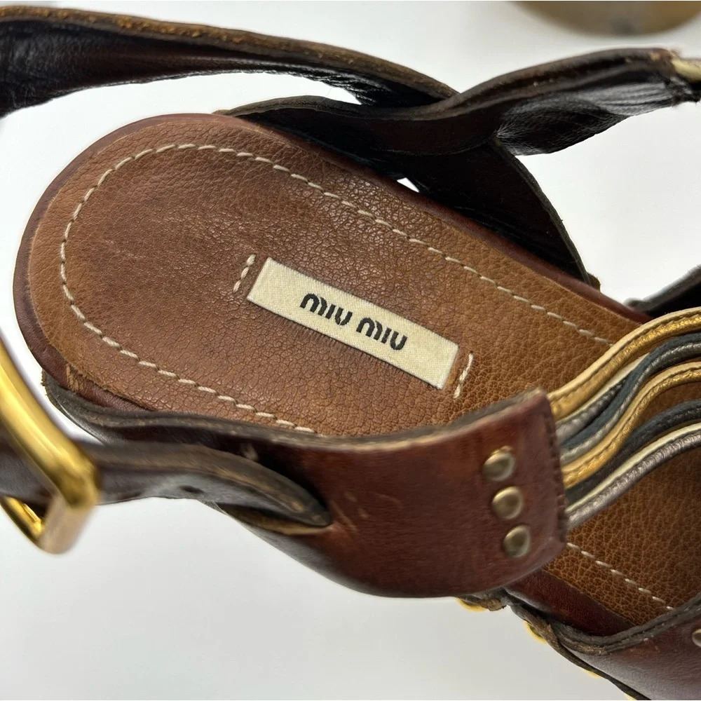 Miu Miu 36 Heel Sling Clog Wedge Platform Stud Brown Leather Wood Y2k boho tall - Picture 10 of 15